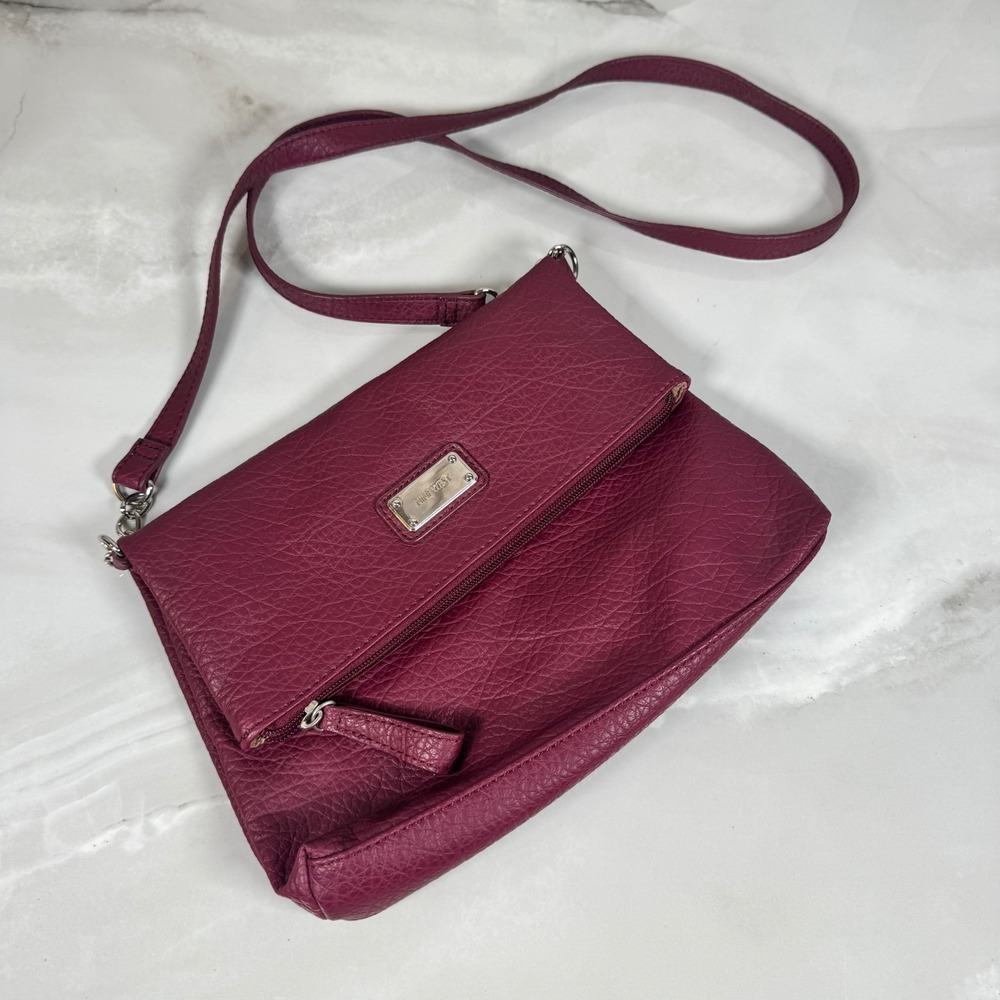 Nine West Raspberry Faux Leather Foldover Top Handbag Crossbody Purse